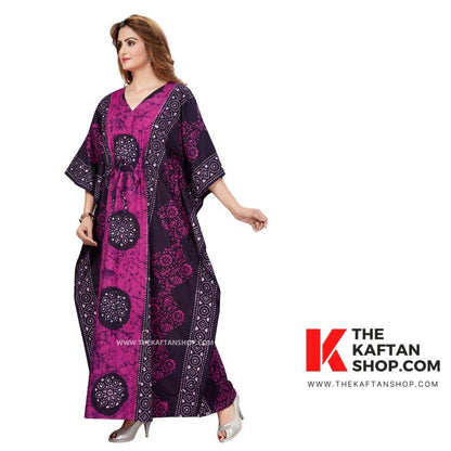 K020 - Pink Black Circles, Hand Dyed Batik, 100% Cotton Kaftan - thekaftanshop.com