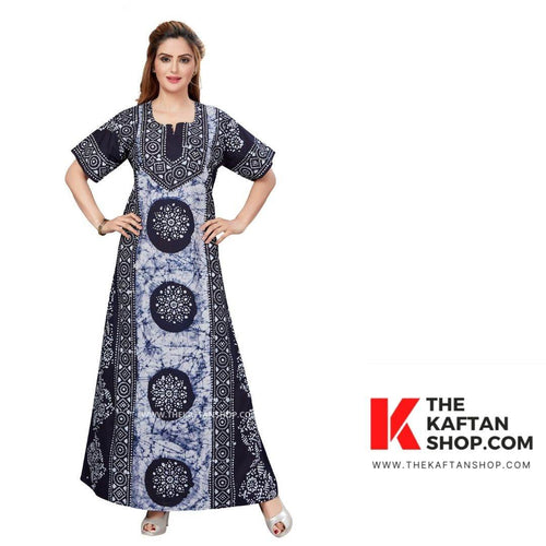 Blue White Circles, Hand Dyed Batik, 100% Cotton Night Gown - NG023