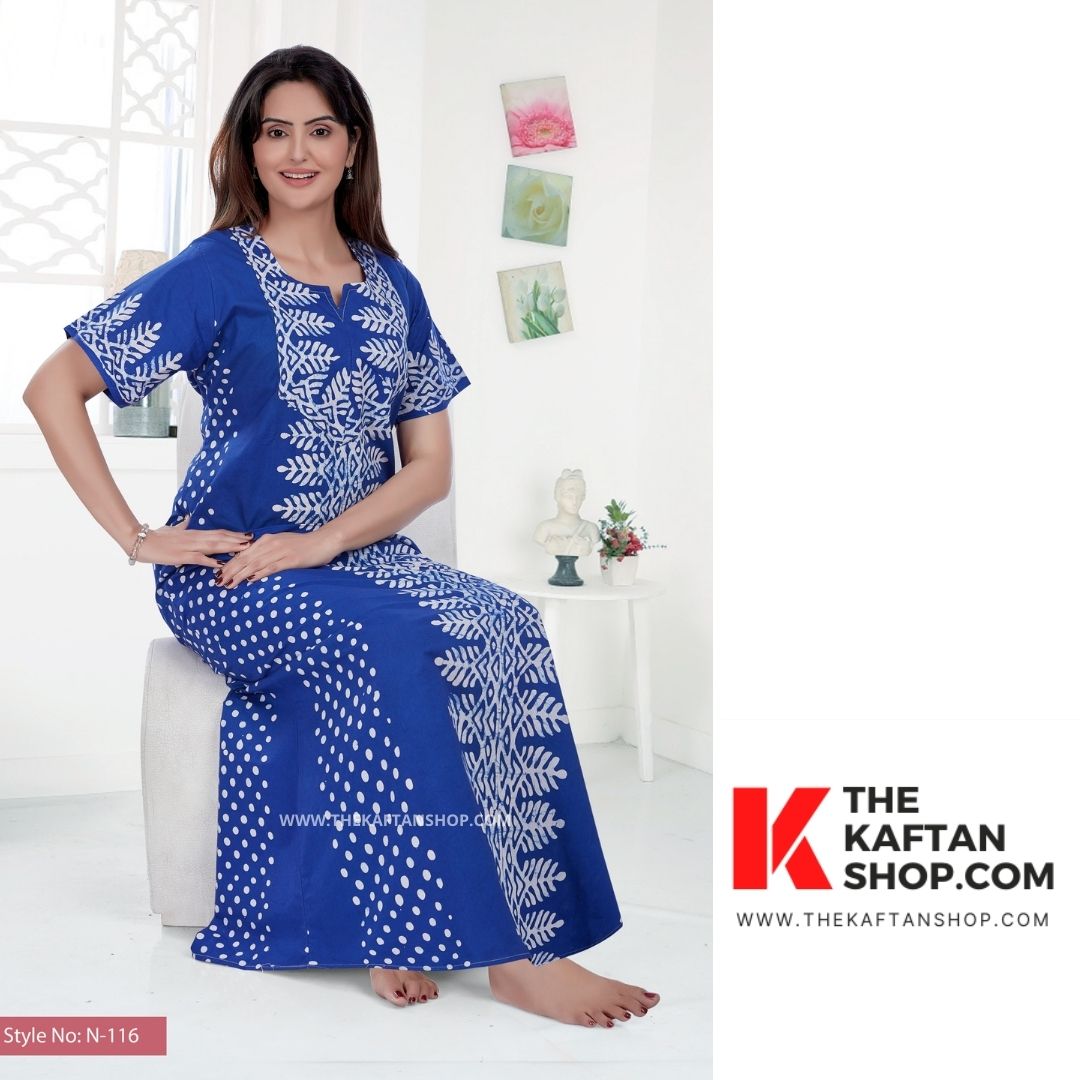 Dotted Blue Hand Dyed Batik 100% Cotton Night Gown - The Kaftan Shop