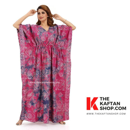 Purple & Pink Block Design, Hand Dyed Batik Tie-up, 100% Cotton Kaftan - K066