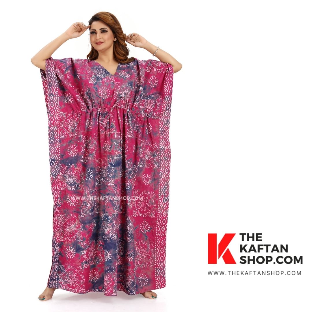 Hand-Dyed Batik Tie-Up Kaftan - Purple &amp; Pink Block Design | The Kaftan Shop