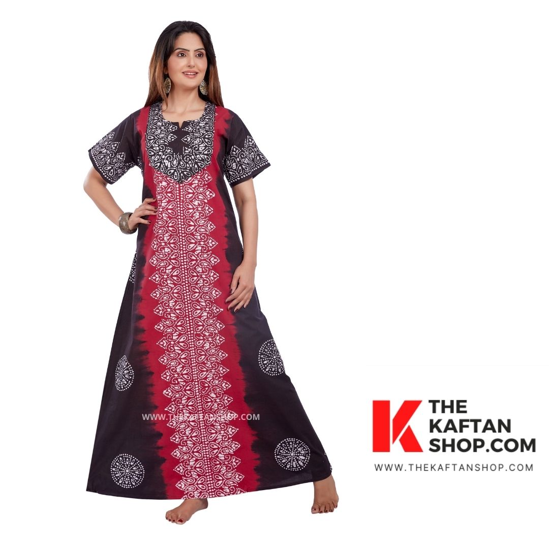 Shaded Red &amp; Black Hand-Dyed Batik 100% Cotton Night Gown - The Kaftan Shop