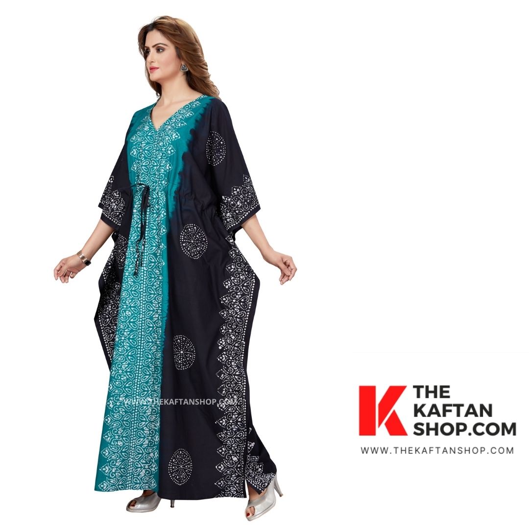 Green &amp; Black Shaded Hand Dyed Batik Kaftan in Cotton | TheKaftanShop