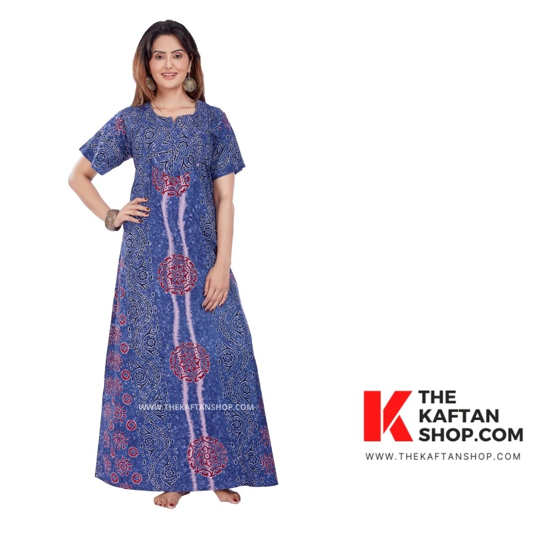 Shahed Blue Hand-Dyed Batik 100% Cotton Night Gown - The Kaftan Shop