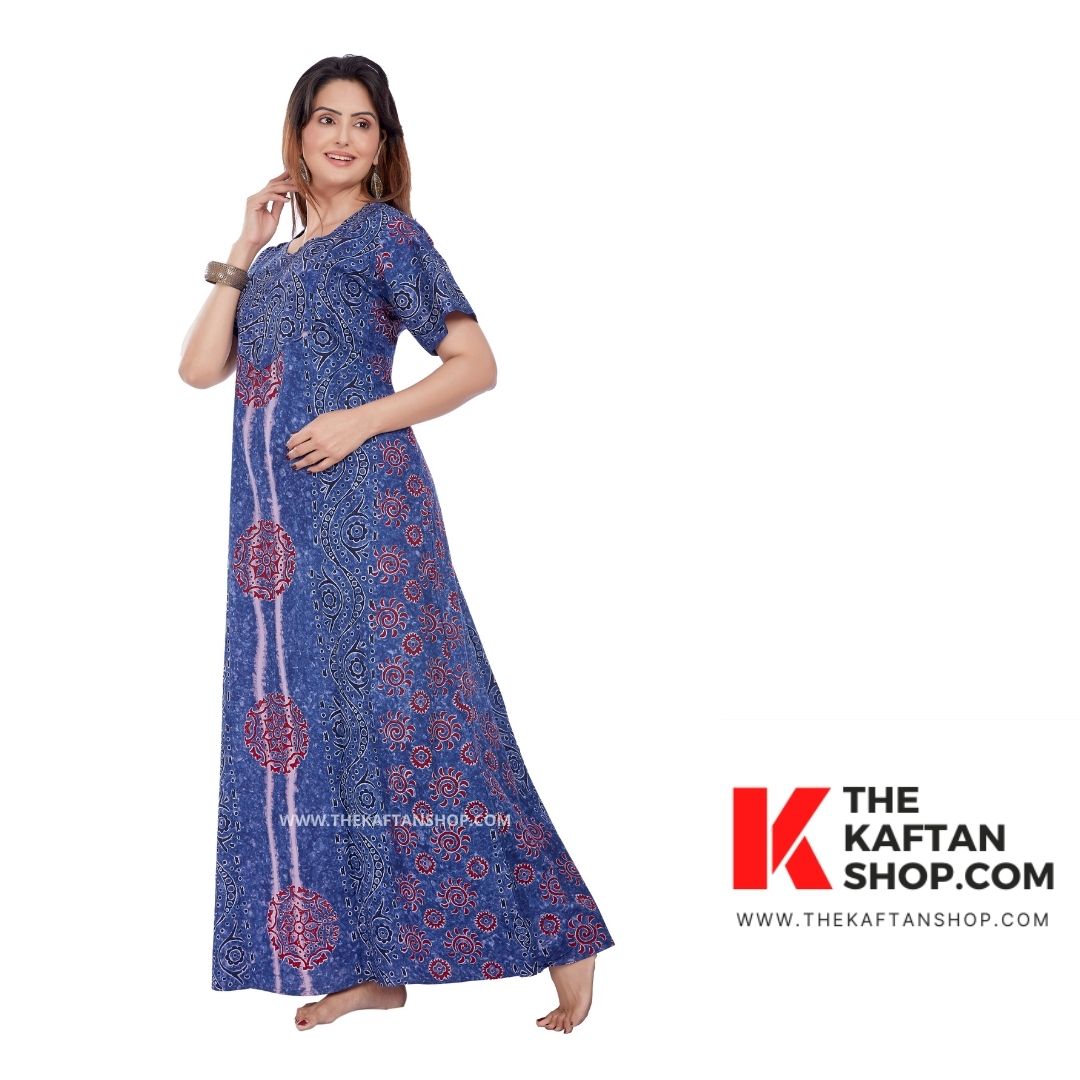 Shahed Blue Hand-Died Batik 100% Cotton Night Gown - The Kaftan Shop