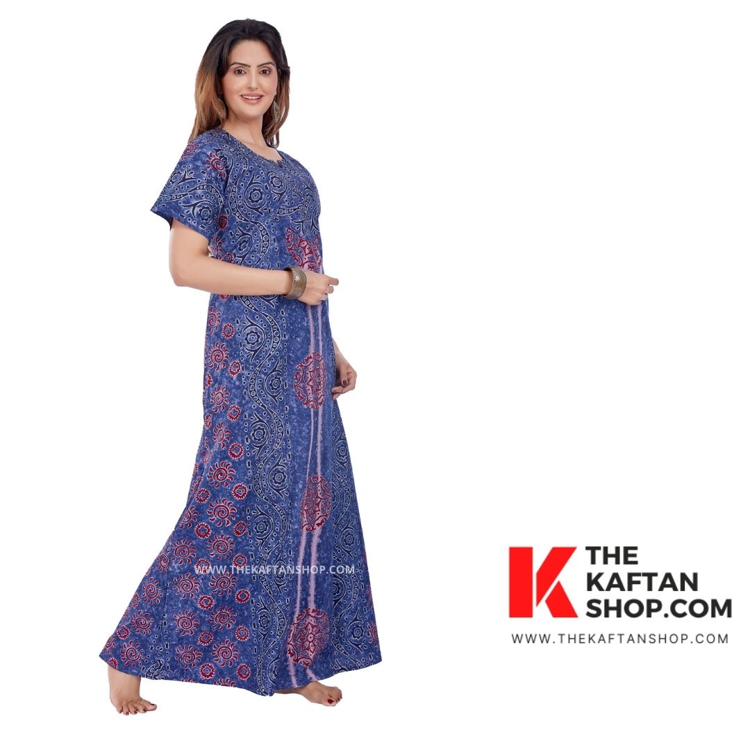 Shahed Blue Hand-dyed Batik 100% Cotton Night Gown - The Kaftan Shop