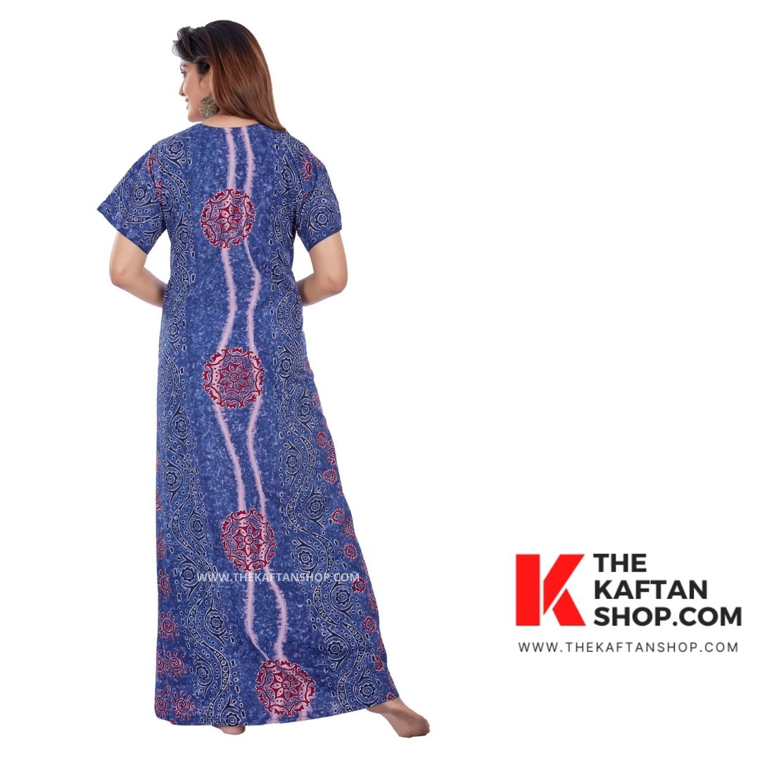 Shahed Blue Hand-Dyed Batik 100% Cotton Night Gown - The Kaftan Shop