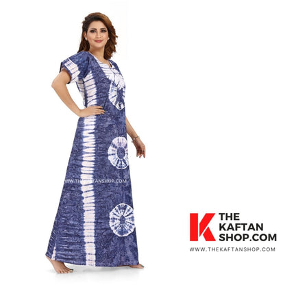 Blue Round Tie-Dye Hand Dyed Batik 100% Cotton Night Gown - The Kaftan Shop