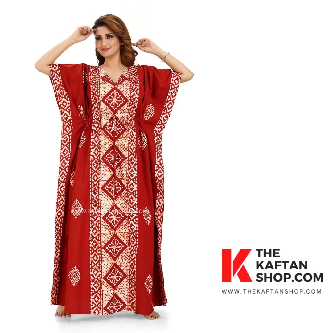 Red Diamond Design Hand Dyed Batik 100% Cotton Kaftan | The Kaftan Shop