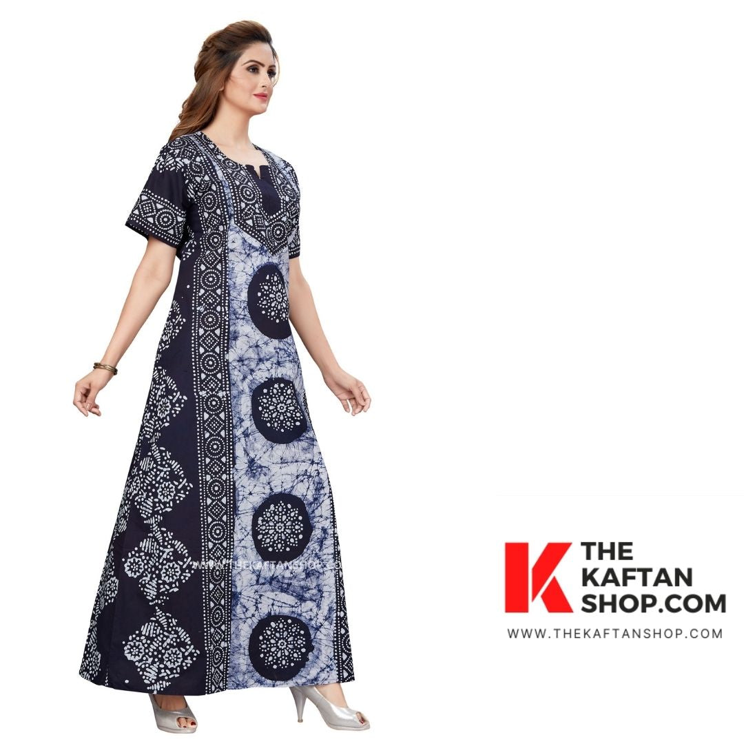 Blue White Circles Batik Night Gown | 100% Cotton | thekaftanshop.com