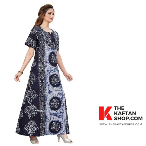 Blue White Circles, Hand Dyed Batik, 100% Cotton Night Gown - NG023