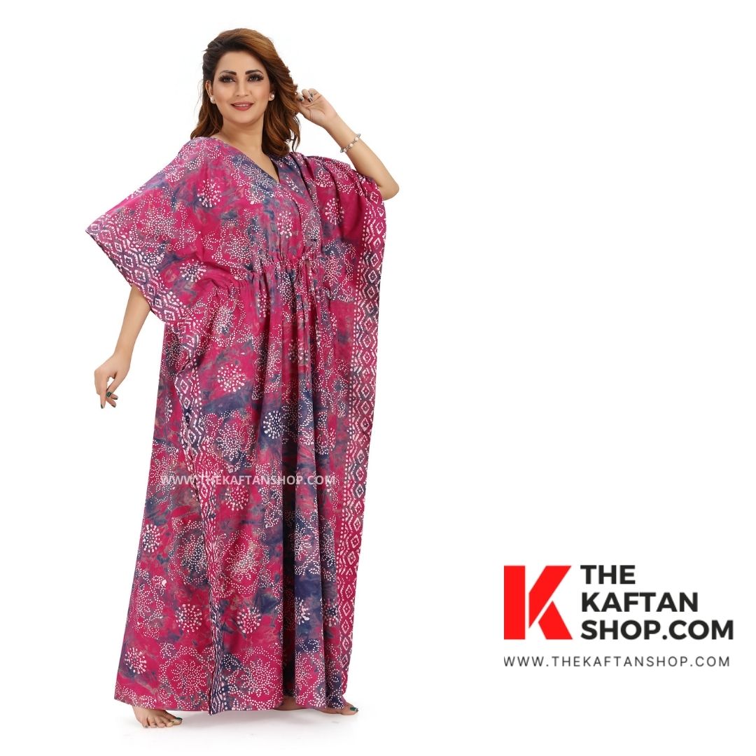 Hand-Dyed Batik Tie-Up Kaftan - Purple &amp; Pink Block Design | The Kaftan Shop