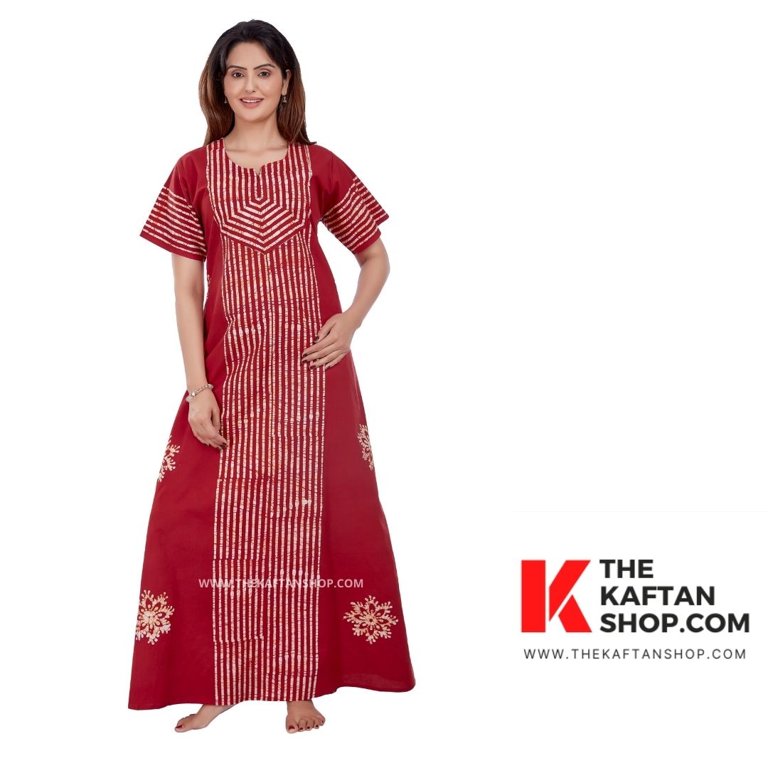 Chilly Red Hand Dyed Batik 100% Cotton Night Gown - The Kaftan Shop
