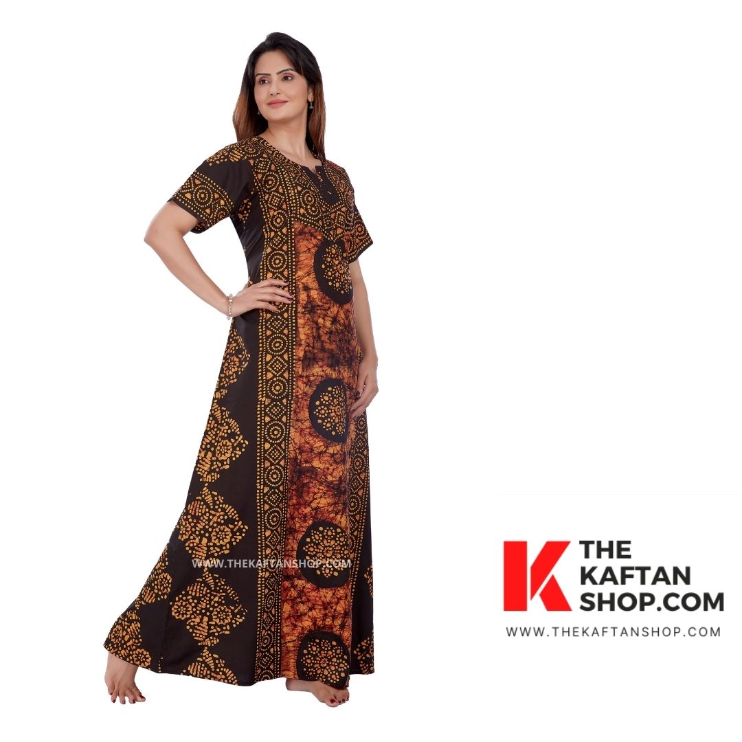 Caramel Brown Batik 100% Cotton Night Gown for Women | The Kaftan Shop