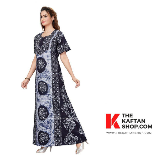 Blue White Circles, Hand Dyed Batik, 100% Cotton Night Gown - NG023