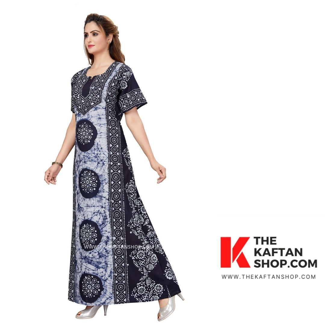 Blue White Circles Batik Night Gown - Hand Dyed 100% Cotton | The Kaftan Shop