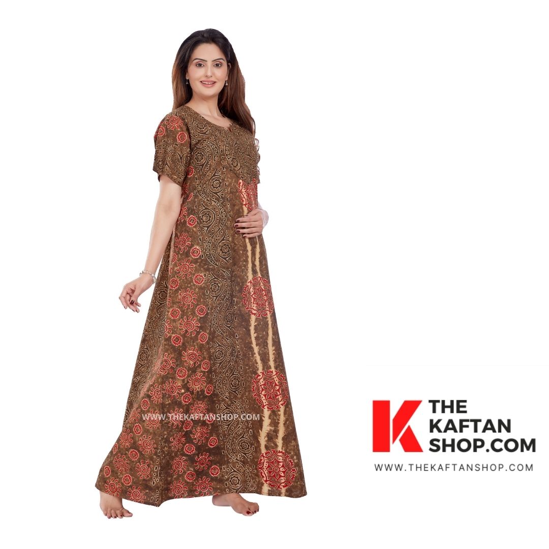 Brown Hand-Dyed Batik Night Gown - Shaded, 100% Cotton | The Kaftan Shop