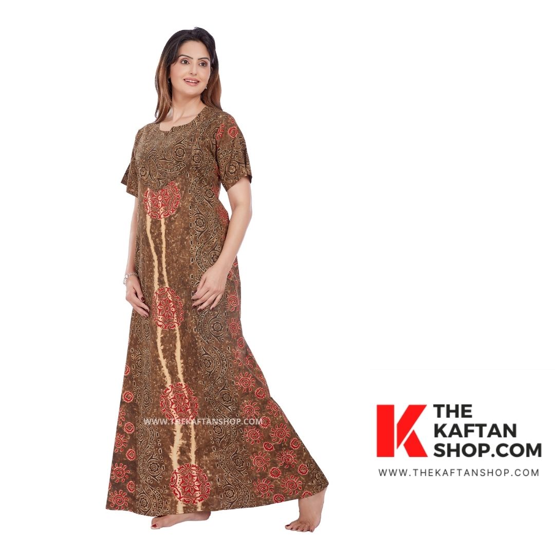 Shaded Brown Hand-Dyed Batik 100% Cotton Night Gown - The Kaftan Shop