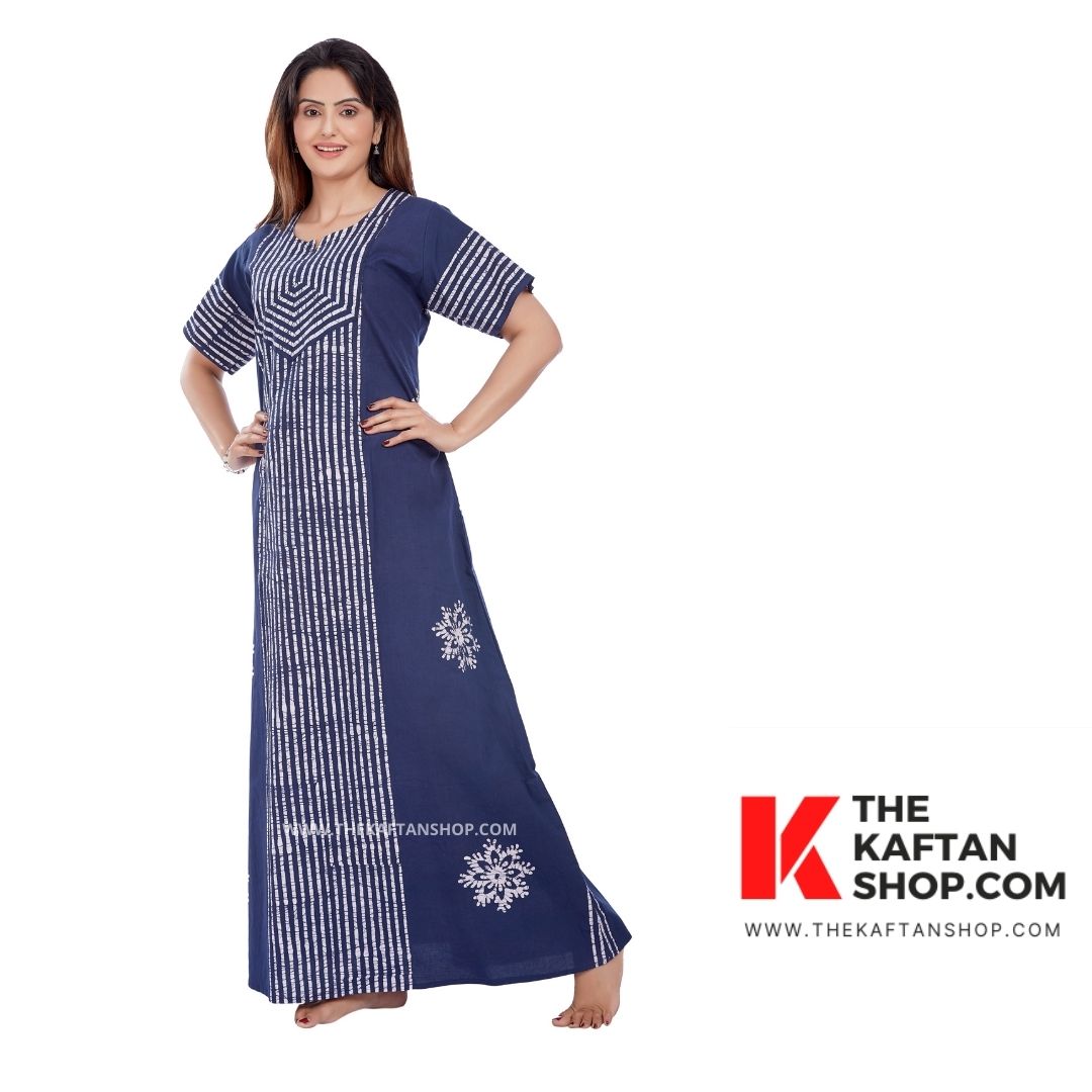 Navy Blue Hand Dyed Batik Cotton Night Gown - The Kaftan Shop