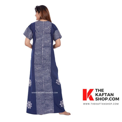 Navy Blue Hand Dyed Batik 100% Cotton Night Gown - The Kaftan Shop