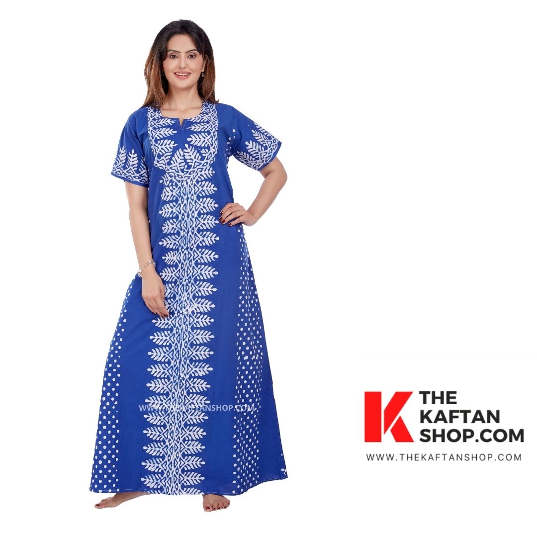 Blue Hand Dyed Batik 100% Cotton Night Gown | The Kaftan Shop