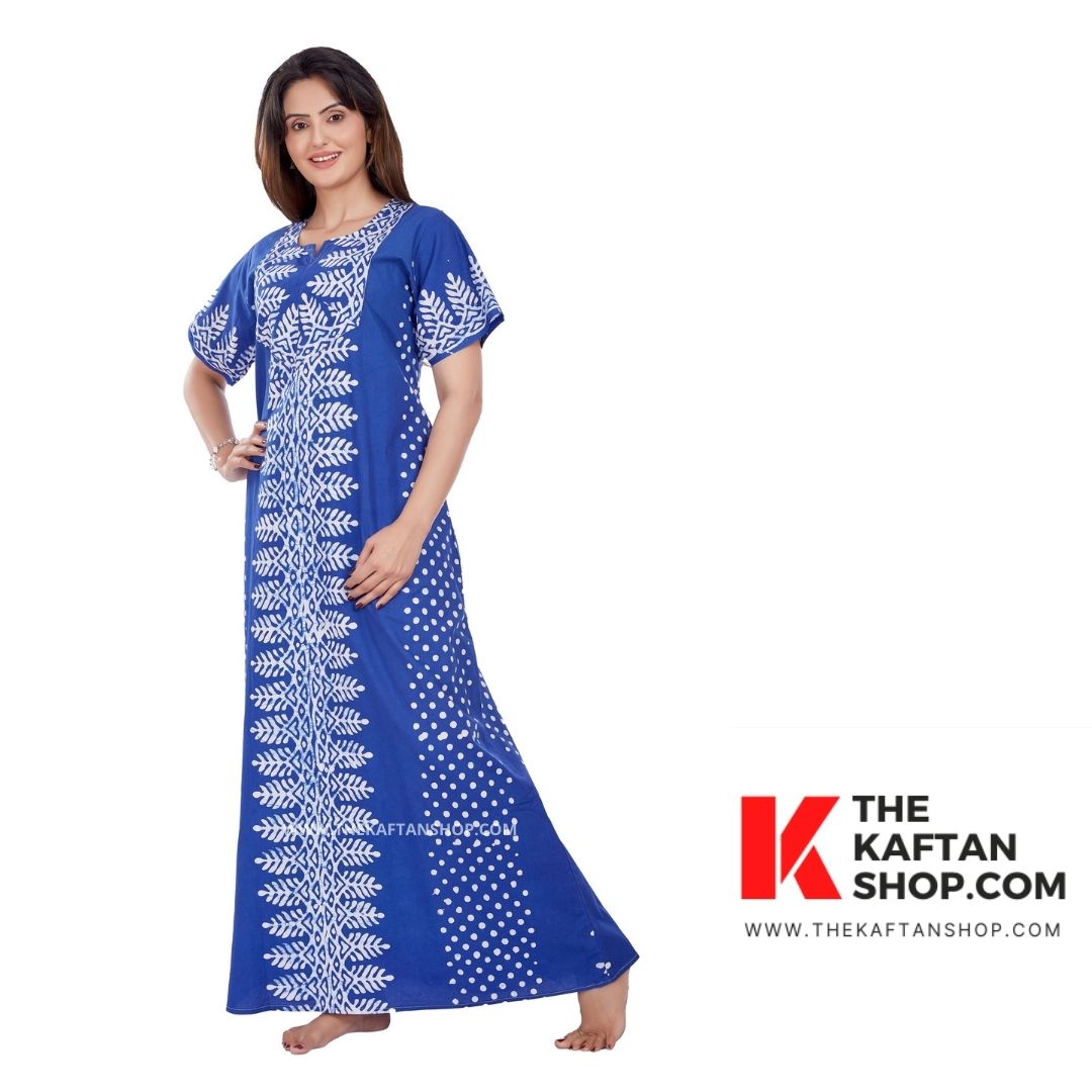 Dotted Blue Hand Dyed Batik Night Gown - 100% Cotton | The Kaftan Shop