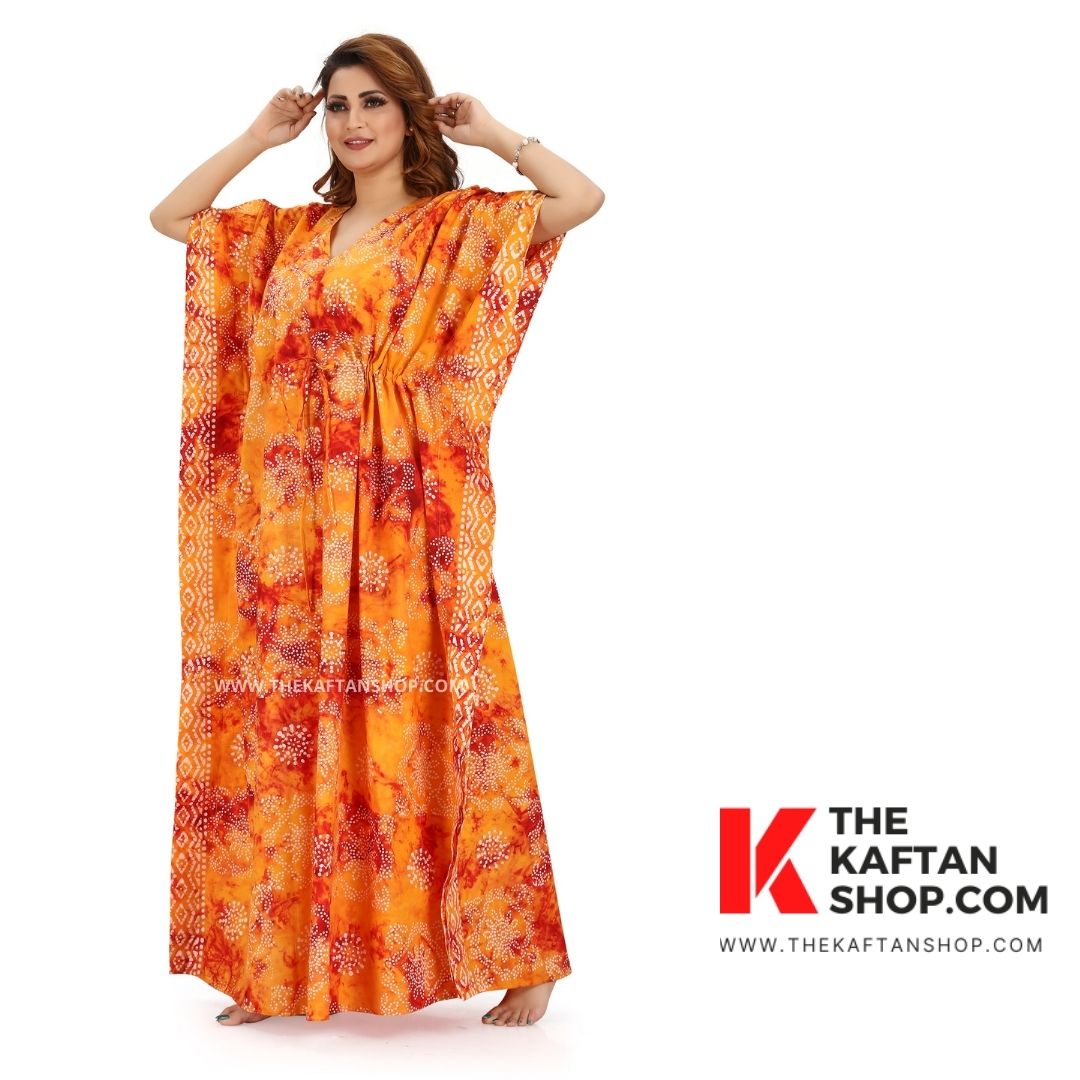 Red &amp; Orange Block Design Batik Tie-up 100% Cotton Kaftan | The Kaftan Shop