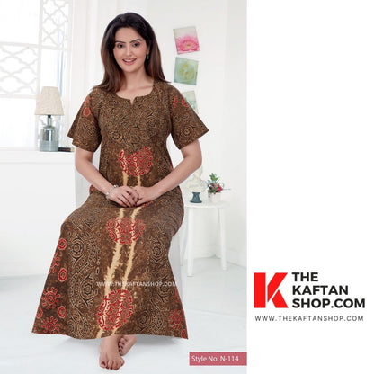 Shaded Brown Hand-Dyed Batik 100% Cotton Night Gown - The Kaftan Shop