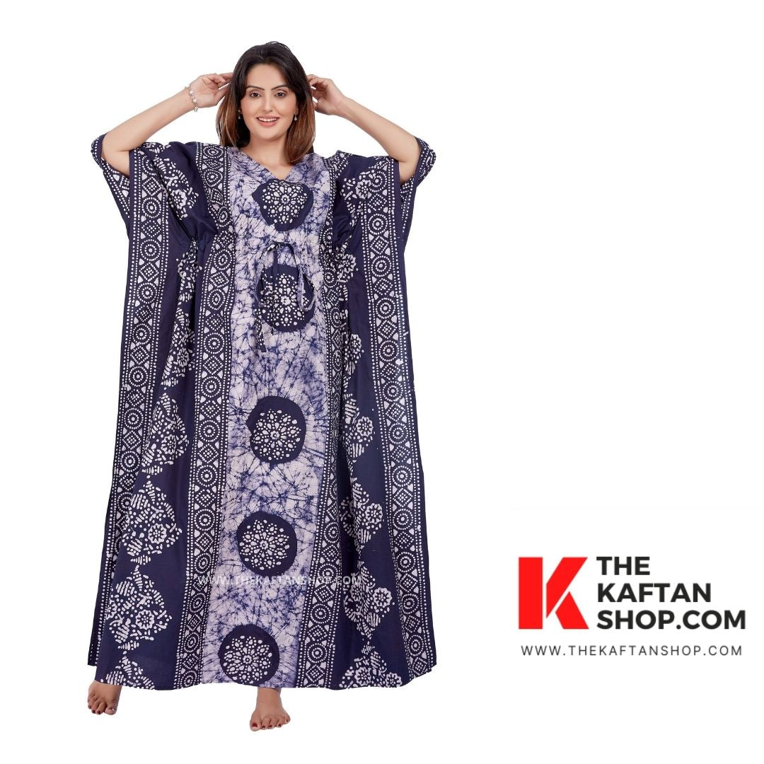 Navy Blue Hand-Dyed Batik Tie-Up 100% Cotton Kaftan - The Kaftan Shop