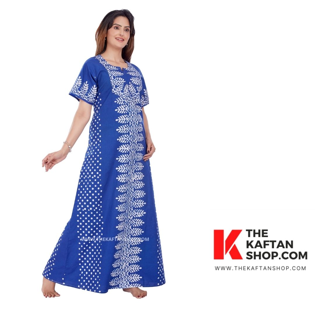 Dotted Blue Hand Dyed Batik 100% Cotton Night Gown - The Kaftan Shop