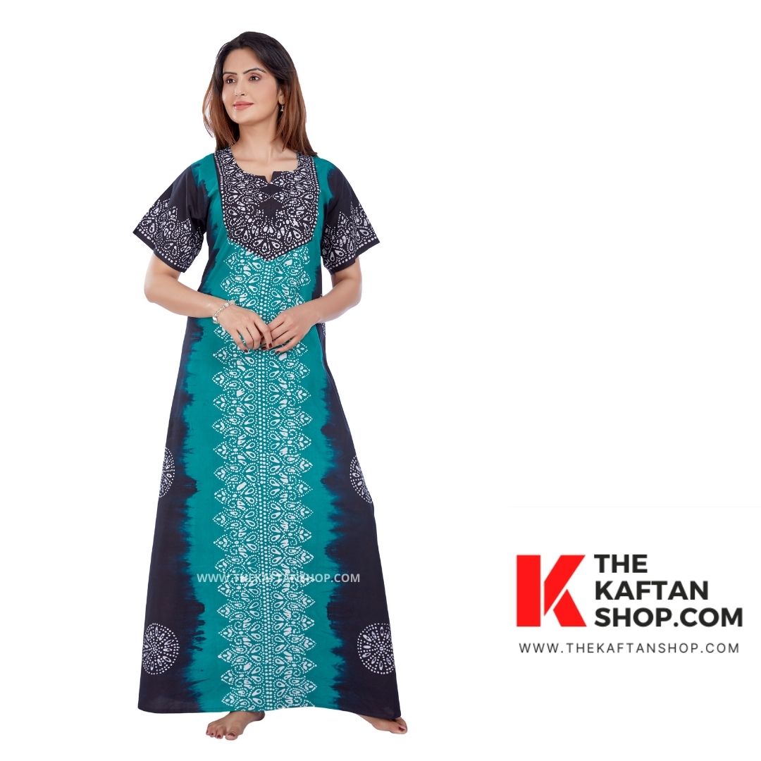 Shaded Aqua Blue &amp; Black Hand-Dyed Batik 100% Cotton Night Gown | The Kaftan Shop