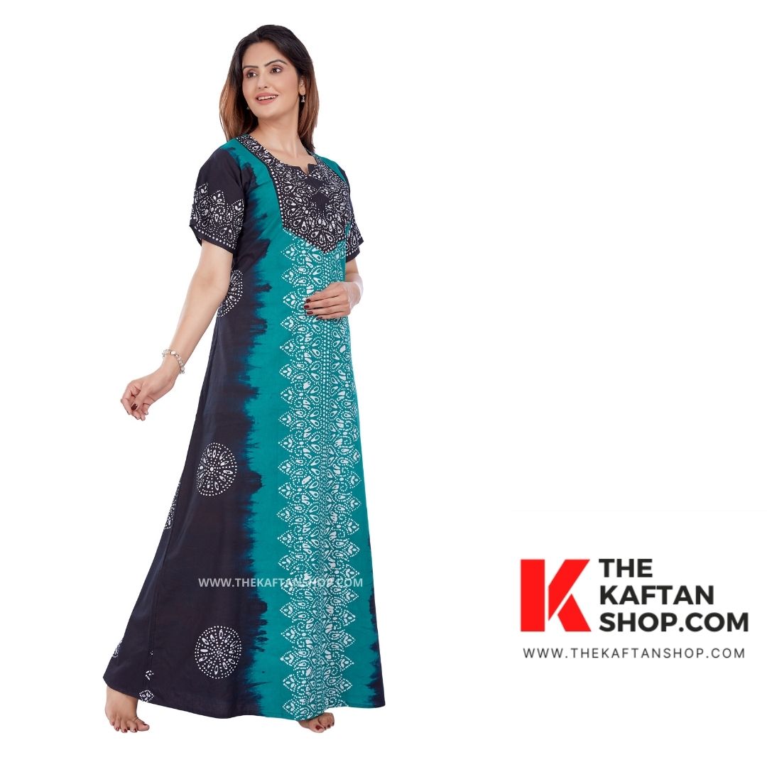 Shaded Aqua Blue &amp; Black Hand-Dyed Batik 100% Cotton Night Gown | The Kaftan Shop