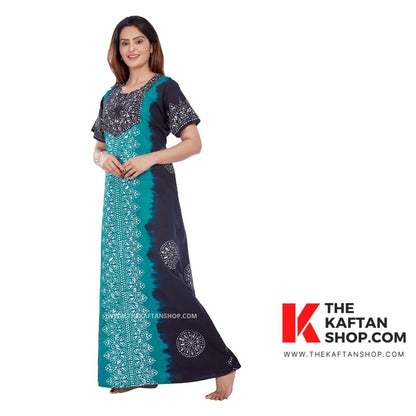 Shaded Aqua Blue &amp; Black Hand-Dyed Batik 100% Cotton Night Gown - TheKaftanShop.com