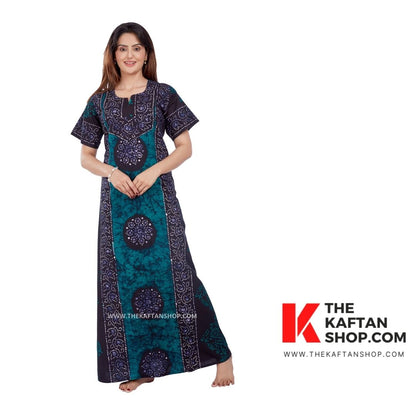 Turquoise Green Hand Died Batik 100% Cotton Night Gown - The Kaftan Shop