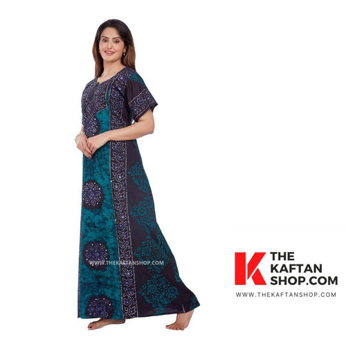 Green Black Circles, Hand Dyed Batik, 100% Cotton Night Gown - NG021