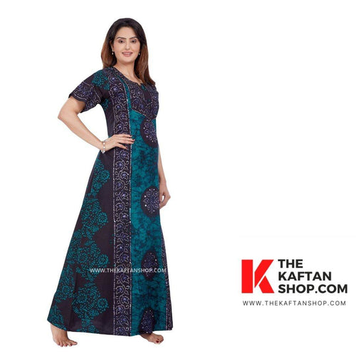 Green Black Circles, Hand Dyed Batik, 100% Cotton Night Gown - NG021