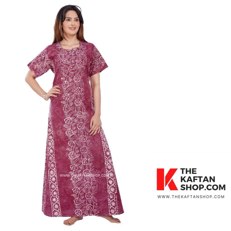 Wine Flowers, Hand Dyed Batik, 100% Cotton Night Gown - NG030
