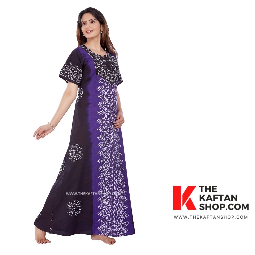 Purple and Black Hand Dyed Batik 100% Cotton Night Gown - The Kaftan Shop