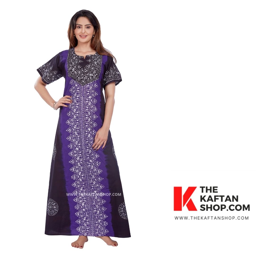 Purple &amp; Black Hand-Dyed Batik 100% Cotton Night Gown - The Kaftan Shop