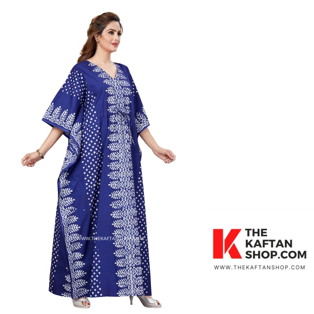 Blue Dotted Hand Dyed Batik 100% Cotton Kaftan for women - The Kaftan Shop