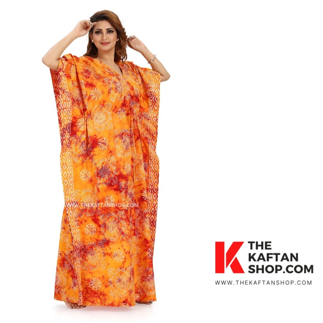 Red &amp; Orange Block Design Hand Dyed Batik Tie-Up 100% Cotton Kaftan