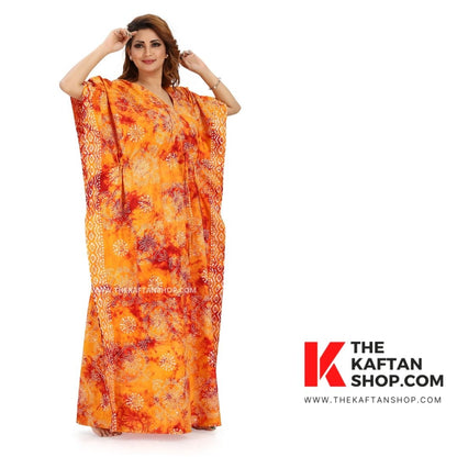 Red &amp; Orange Block Design Hand Dyed Batik Tie-Up 100% Cotton Kaftan