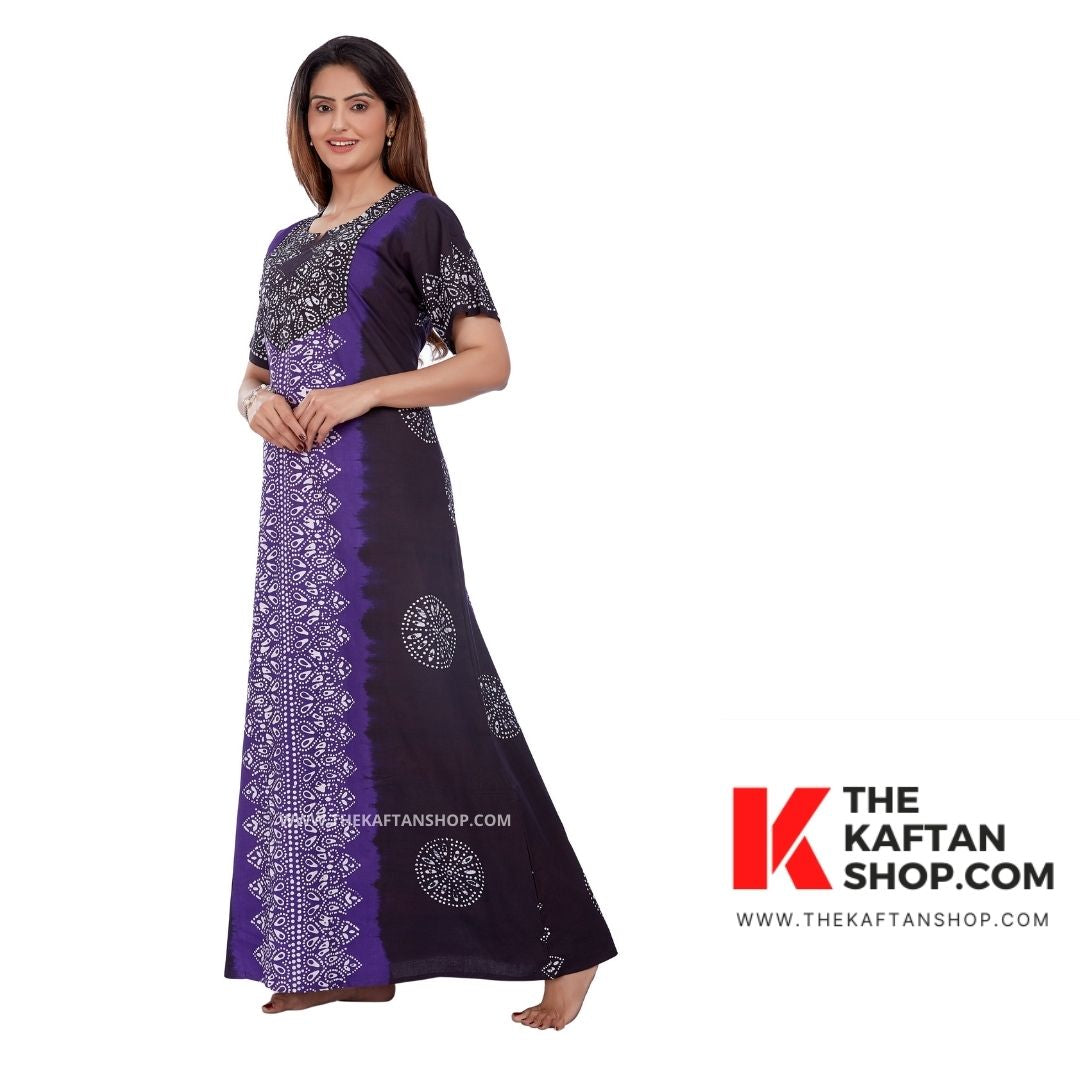 Purple &amp; Black Hand-Dyed Batik 100% Cotton Night Gown - The Kaftan Shop