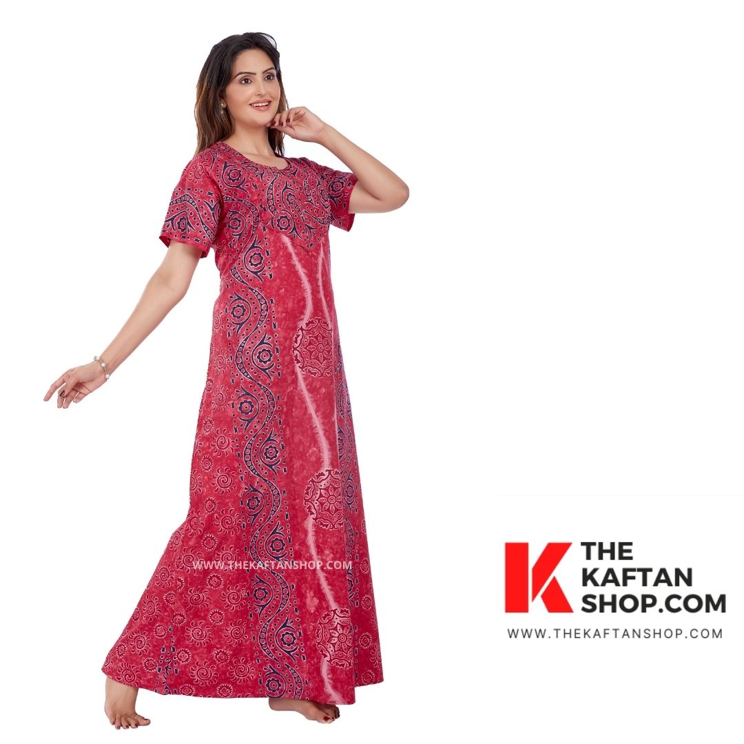 Ivory Red Green Hand Block Printed Floral Cotton Night Dress Long Slee –  uNidraa