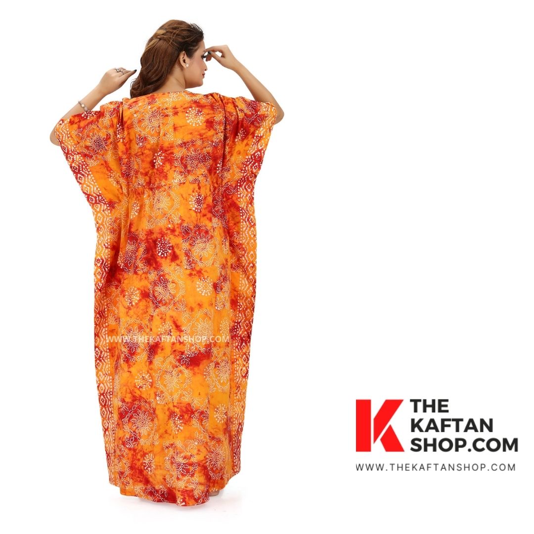 Red &amp; Orange Block Design Batik Tie-up Kaftan | 100% Cotton | TheKaftanShop.com