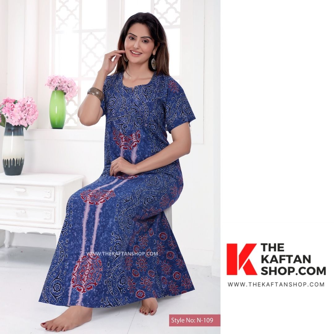 Shahed Blue Hand-Dyed Batik 100% Cotton Night Gown - The Kaftan Shop