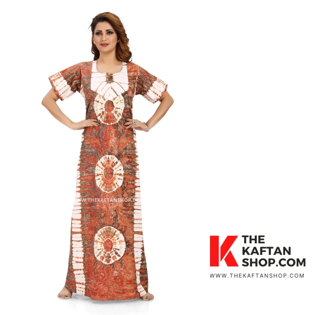 Brown Round Tie-Dye Hand Dyed Batik Cotton Night Gown - The Kaftan Shop