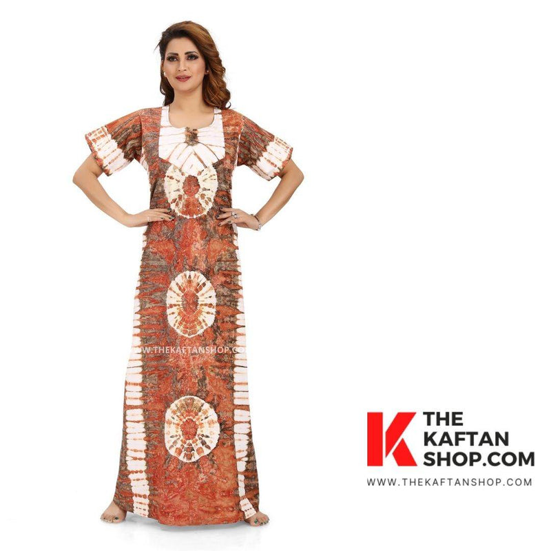 Brown Round Tie-Dye, Hand Dyed Batik, 100% Cotton Night Gown - NG092