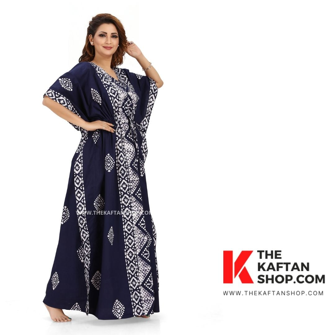 Blue Diamond Design Hand Dyed Batik 100% Cotton Kaftan - The Kaftan Shop