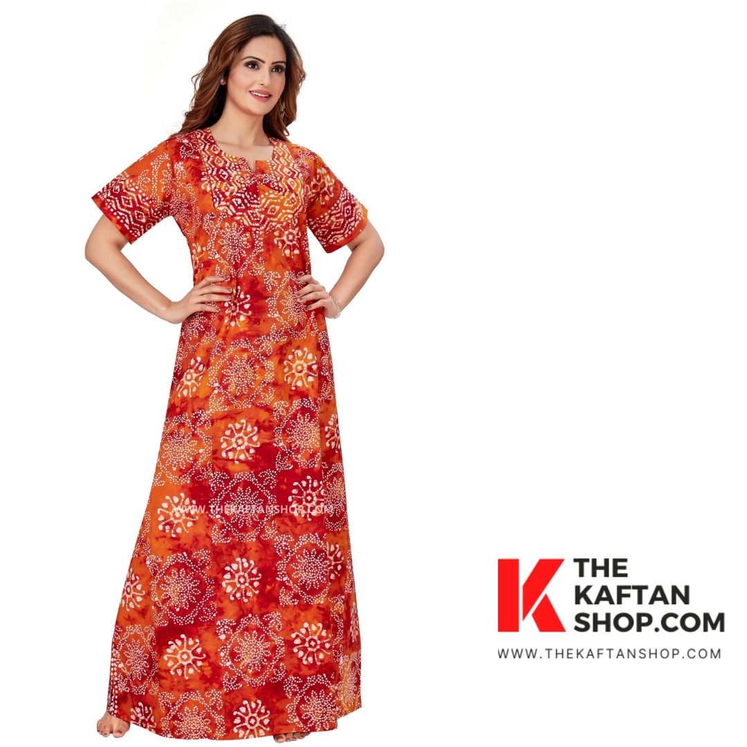 Red Orange Block Design Hand Dyed Batik 100% Cotton Night Gown | The Kaftan Shop